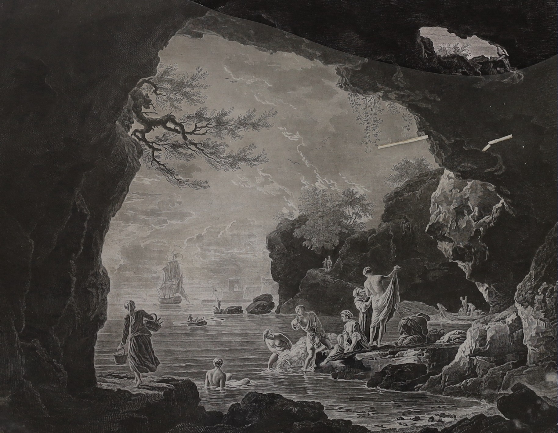 18th century French School, engraving, Bathers beside sea cliffs, inscribed in French, overall 52 x 70cm
